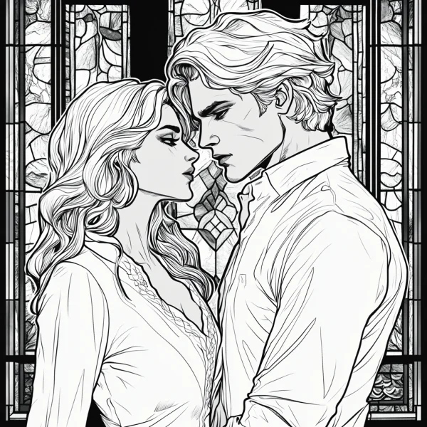 Gothic style romantic couple, detailed character designs with curly hair and lace-trimmed top — free printable love coloring book page