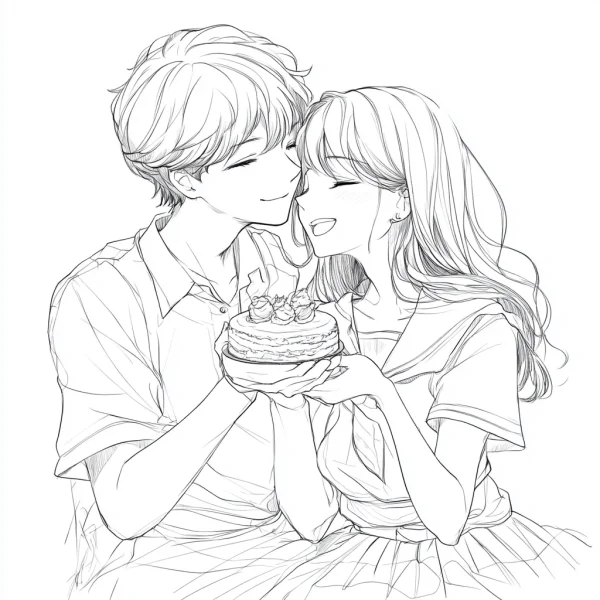 Anime couple holding birthday cake, sweet romantic scene — free printable love coloring book page
