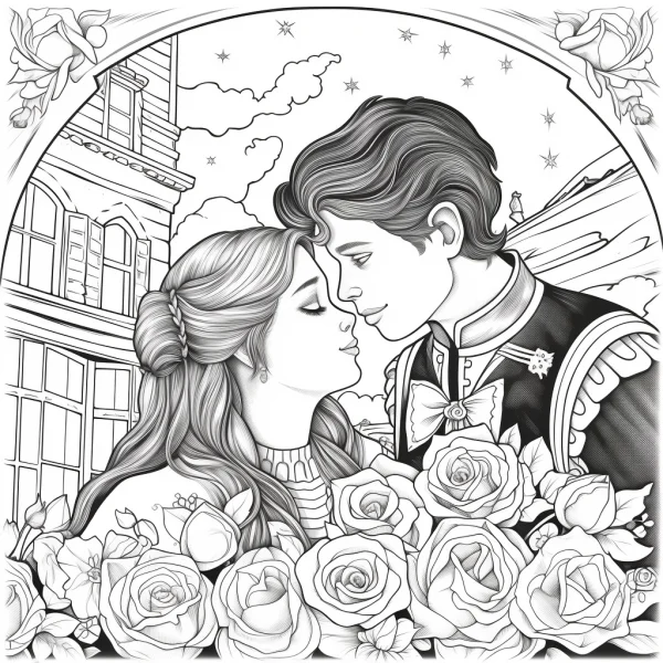 Romantic prince and princess, fairy tale cartoon style — free printable flowers coloring book page
