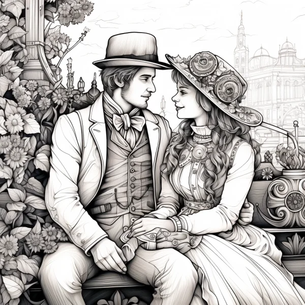 Vintage european couple sitting on a bench, romantic retro style — free printable life coloring book page