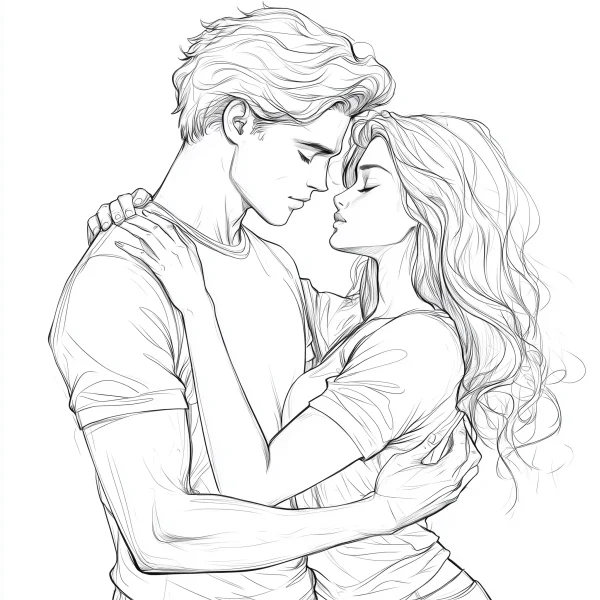 Hugging couple, sketch style — free printable love coloring book page