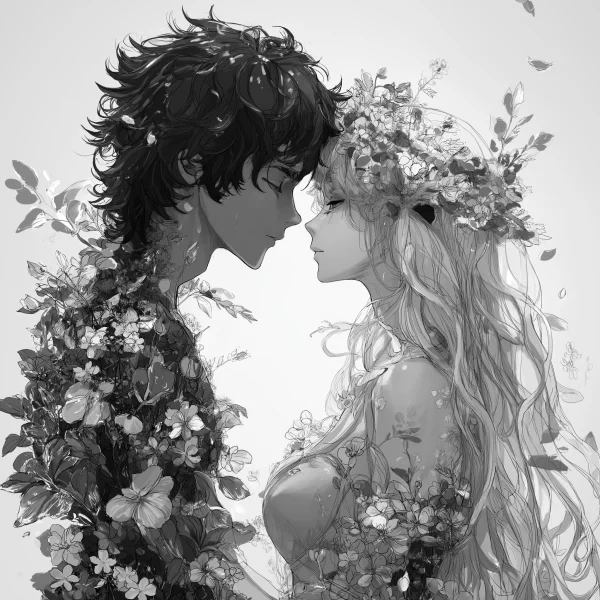 Romantic couple surrounded by flowers and vines, anime style — free printable flowers coloring book page