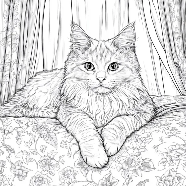 Long-haired domestic cat, realistic illustration style — free printable pets coloring book page