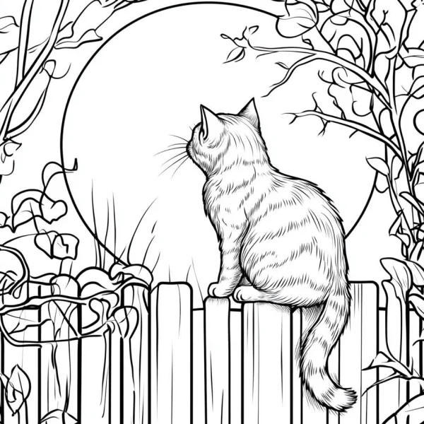 Cat sitting on wooden fence, surrounded by vines — free printable pets coloring book page