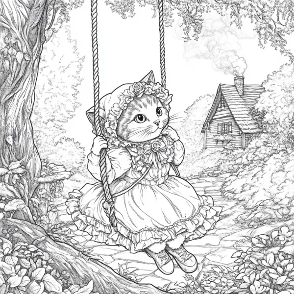 Anthropomorphic cat in frilly dress swinging on rope swing, fairy tale cartoon style — free printable rural life coloring book page