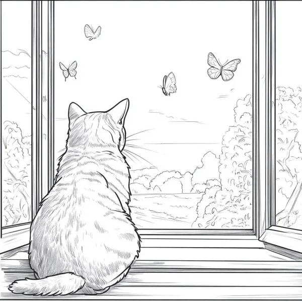 Back view of a cat sitting on windowsill watching butterflies, sketch style — free printable pets coloring book page