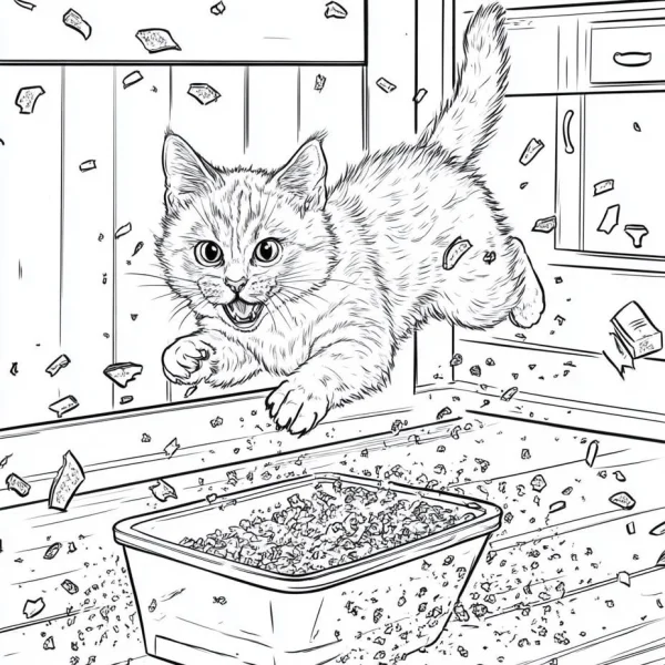 Mischievous kitten, cartoon style — free printable pets coloring book page