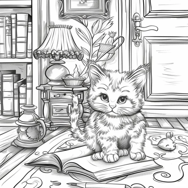 Cute kitten sitting on an open book, cozy home study room with bookshelf — free printable home coloring book page