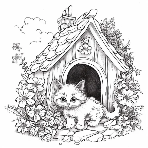 Cute fluffy kitten in front of wooden cottage, cartoon style — free printable life coloring book page