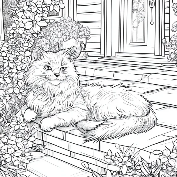 Fluffy long-haired cat lying on porch steps, realistic line art — free printable gardening coloring book page