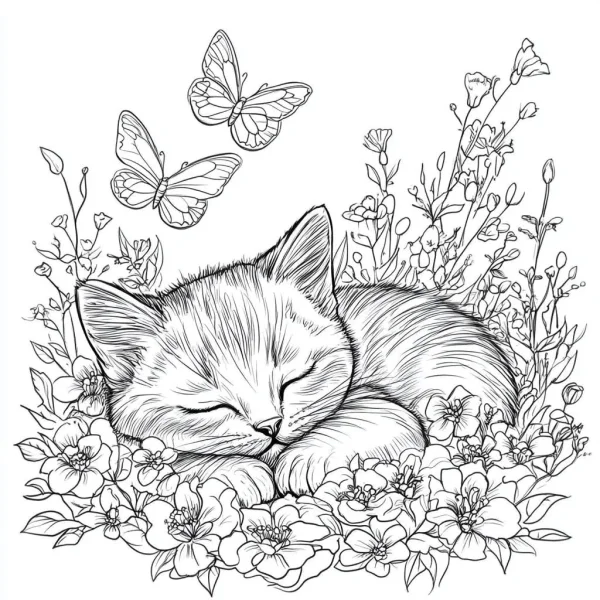 Sleeping cat nestled in a bed of blooming flowers, with two butterflies flying above — free printable pets coloring book page