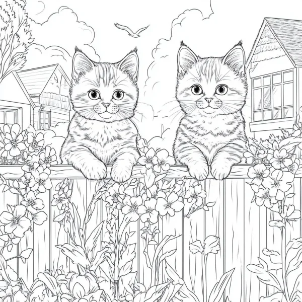 Two cute kittens sitting on a wooden fence, surrounded by blooming flowers and country houses — free printable natural scenery coloring book page