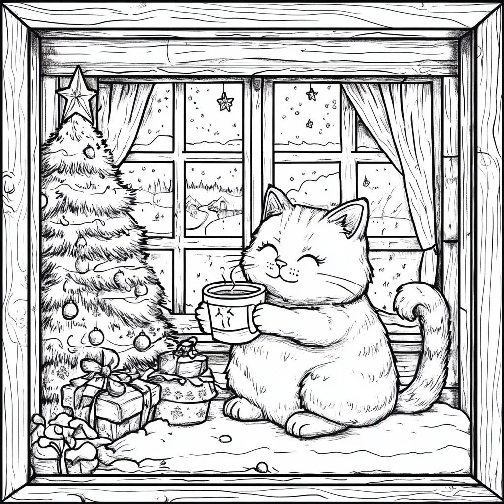 Cute cat holding a cup by the window, christmas theme — cartoon style — moderate detail — line art coloring page — for kids and adults of all ages