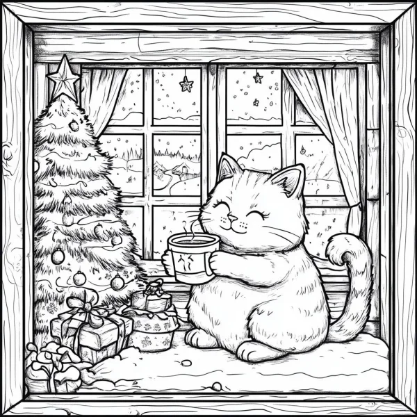 Cute cat holding a cup by the window, christmas theme — free printable life coloring book page