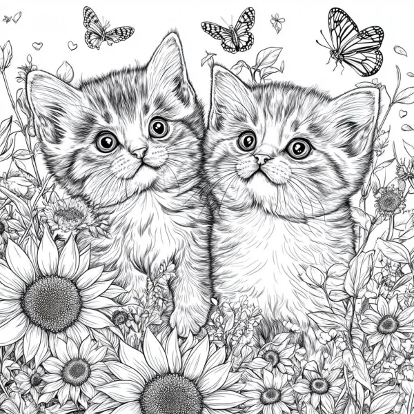 Two cute kittens in a sunflower field, surrounded by various wild flowers — free printable flowers coloring book page