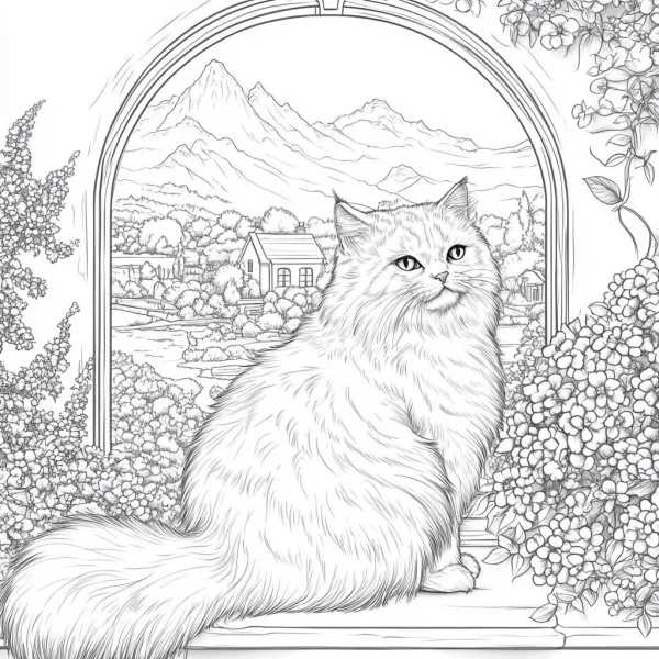 Long-haired cat sitting on windowsill, realistic line art — free printable natural scenery coloring book page