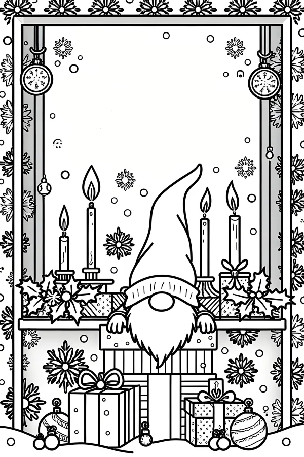 Christmas gnome leaning on stacked gift boxes, cartoon style — free printable christmas coloring book page