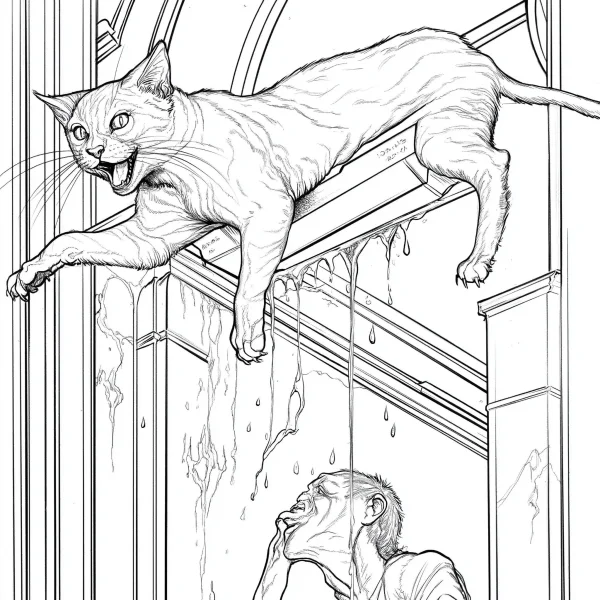 A fierce cat lying on door frame with an open mouth, a man looking up and catching dripping liquid below — free printable life scenes coloring book page