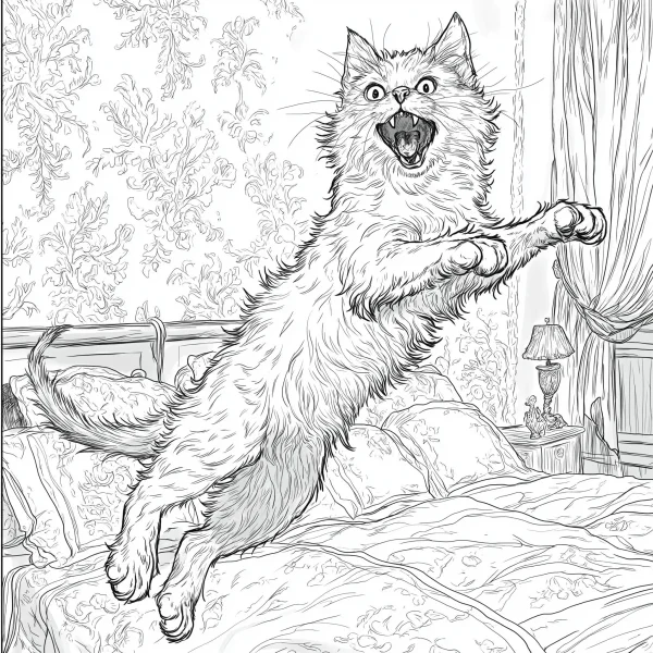 Coloring book page, startled jumping cat on a bed in a bedroom — free printable life coloring book page