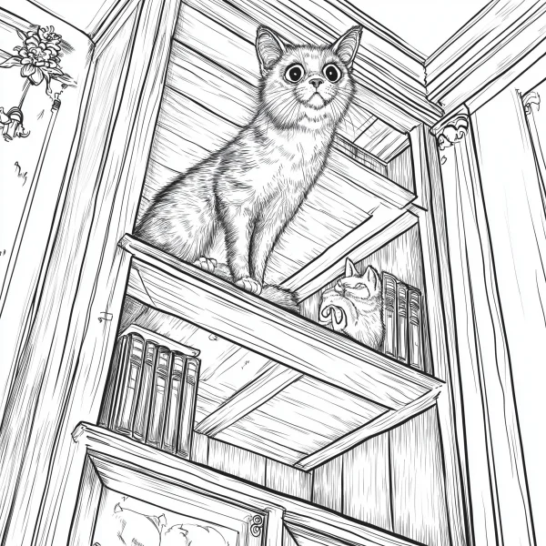 Two cats on a wooden bookshelf, realistic line art — free printable home coloring book page