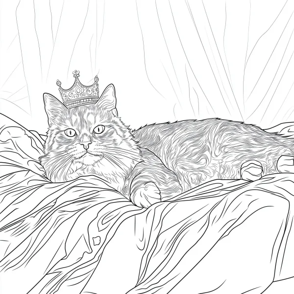 Cute cat wearing a crown lying on rumpled bedding, sketch style — free printable pets coloring book page