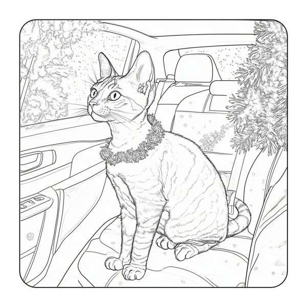 Tabby cat sitting in car seat, realistic line art style — free printable life coloring book page