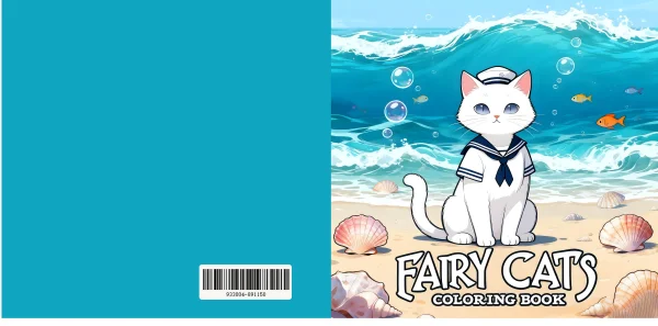 Coloring book cover, fairy white cat in sailor outfit sitting on sandy beach — free printable coloring page