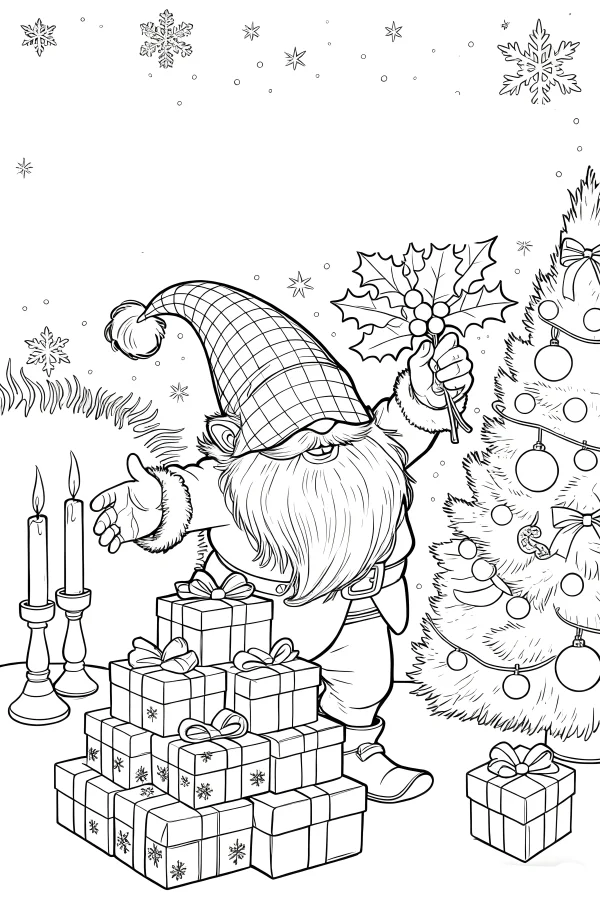 Christmas gnome with pile of gift boxes, cartoon fairy tale style — free printable christmas coloring book page