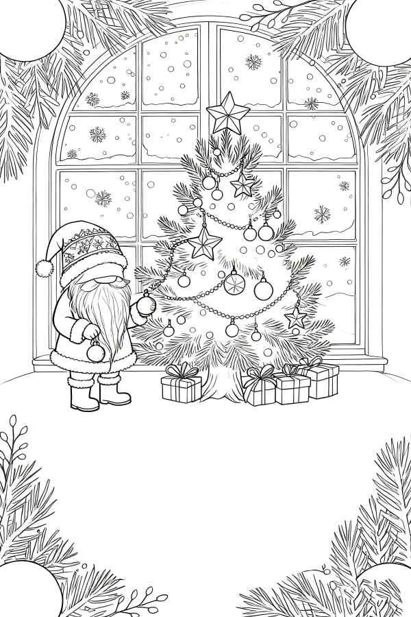 Santa claus decorating a christmas tree with gift boxes underneath, cartoon style — free printable christmas coloring book page