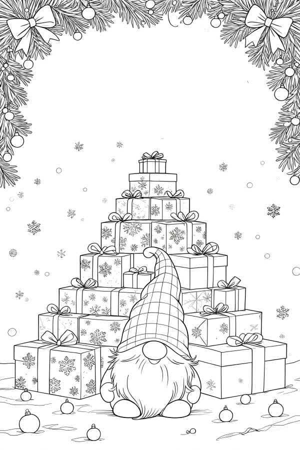 Christmas gnome sitting in front of stacked gift boxes, cartoon style — free printable christmas coloring book page