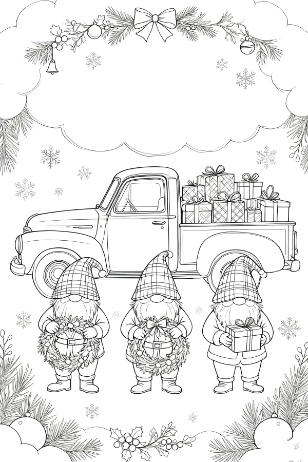 Three christmas gnomes with a vintage truck loaded with gift boxes, cartoon vintage style — free printable fantasy coloring book page