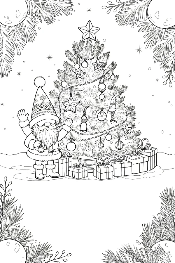 Christmas gnome with decorated christmas tree and gift boxes, cartoon style — free printable christmas coloring book page