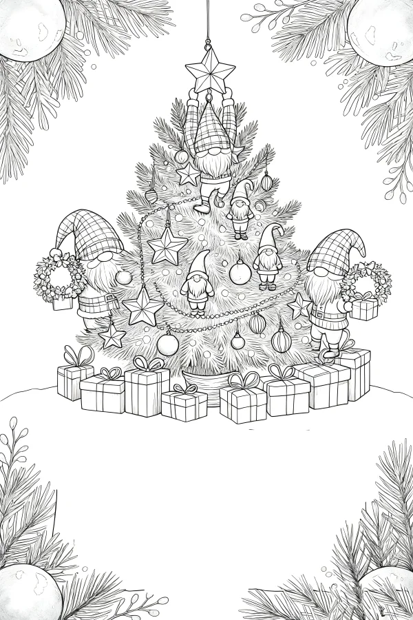 Christmas gnomes decorating a christmas tree, cartoon style — free printable fantasy coloring book page