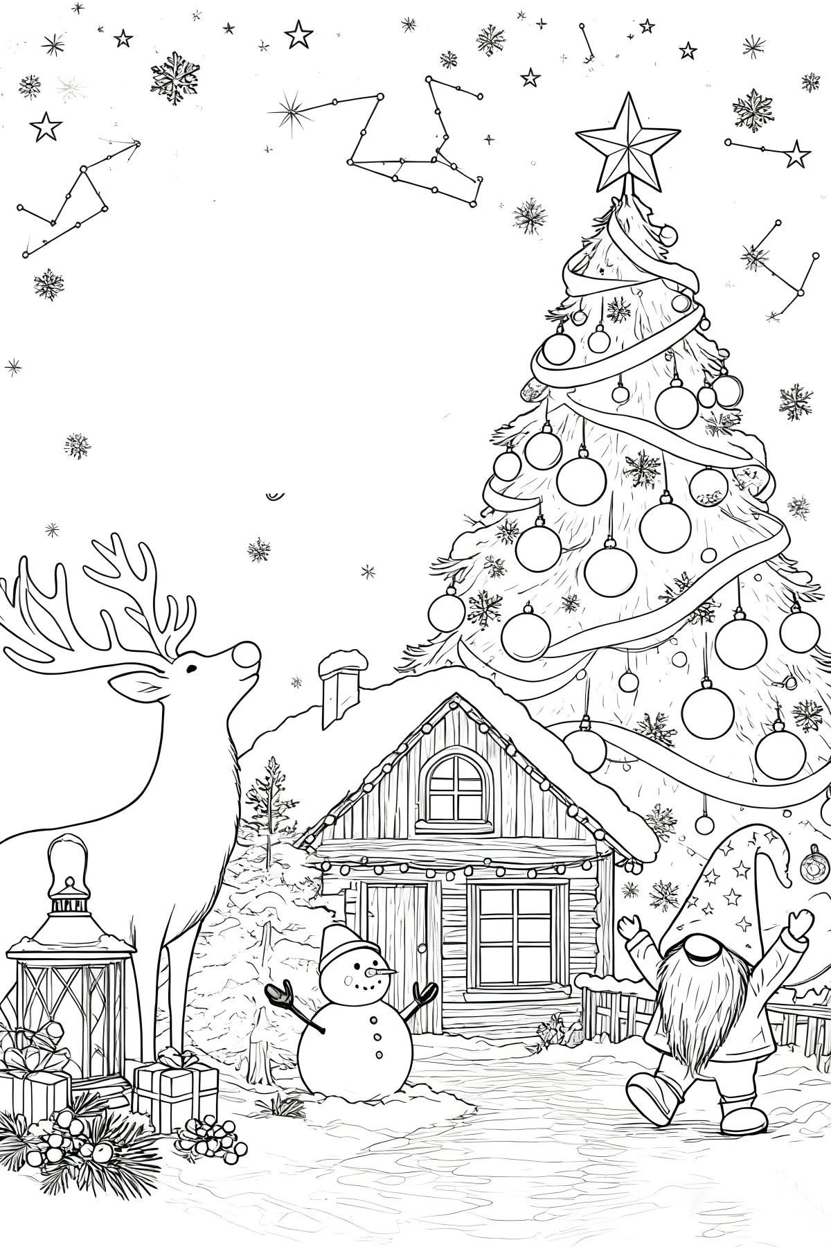 Christmas winter countryside scene with christmas tree, reindeer — cartoon style — moderate detail — line art coloring page — for kids and adults of all ages