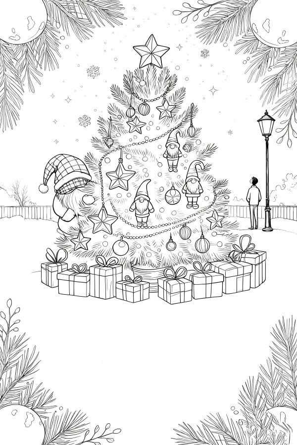 Decorated christmas tree with gnomes and gift boxes, cartoon illustration style — free printable winter coloring book page