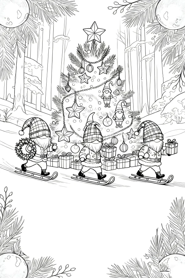 Christmas gnomes on sleds near decorated christmas tree, cartoon fairy tale style — free printable winter coloring book page