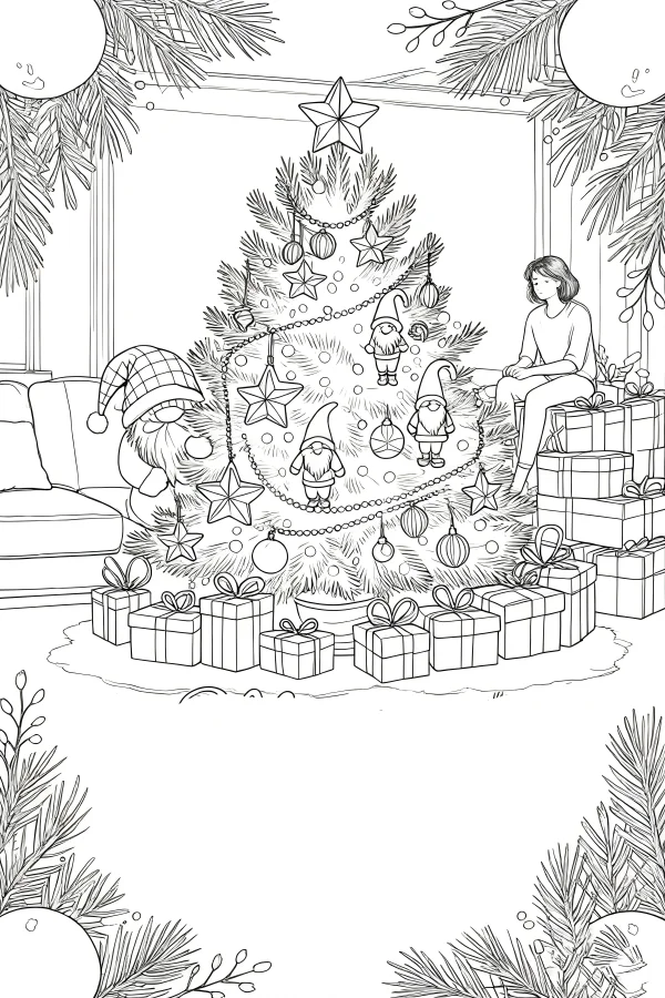Decorated christmas tree with gnomes, a woman sitting beside — free printable family coloring book page