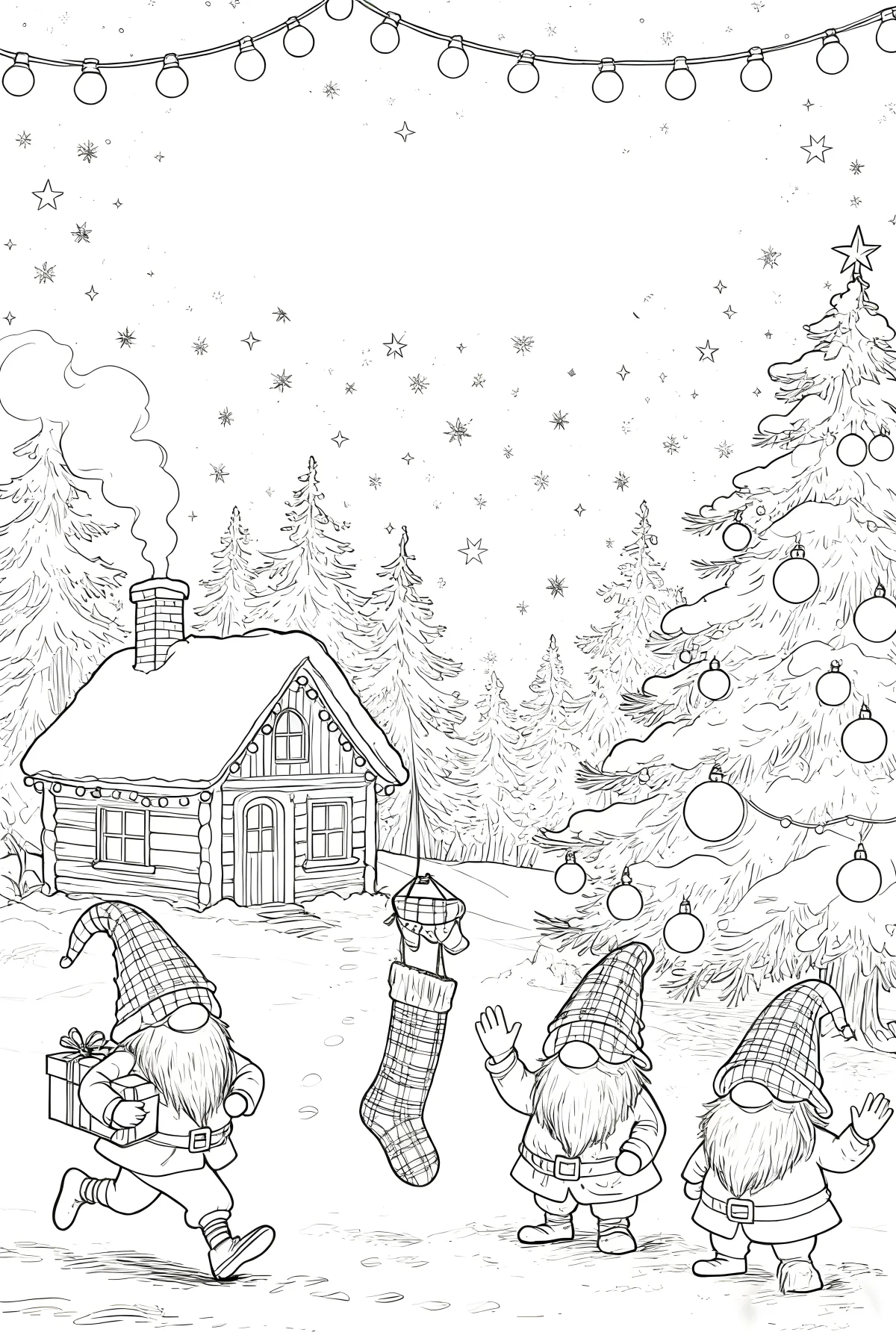 Christmas gnomes with winter cabin scene, cartoon fairy tale style — cartoon style — moderate detail — line art coloring page — for kids and adults of all ages