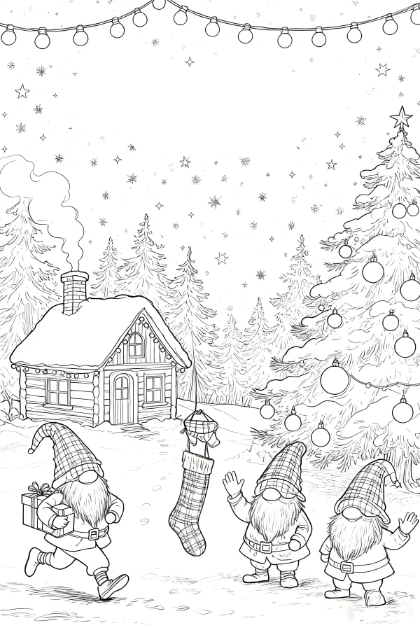 Christmas gnomes with winter cabin scene, cartoon fairy tale style — free printable natural scenery coloring book page