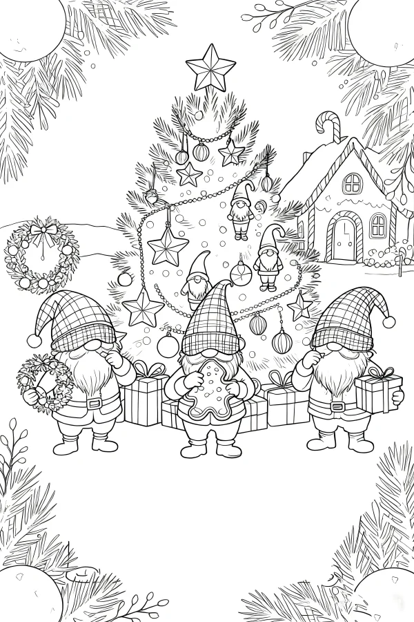 Christmas gnomes with christmas tree and gingerbread house, cartoon fairy tale style — free printable winter coloring book page