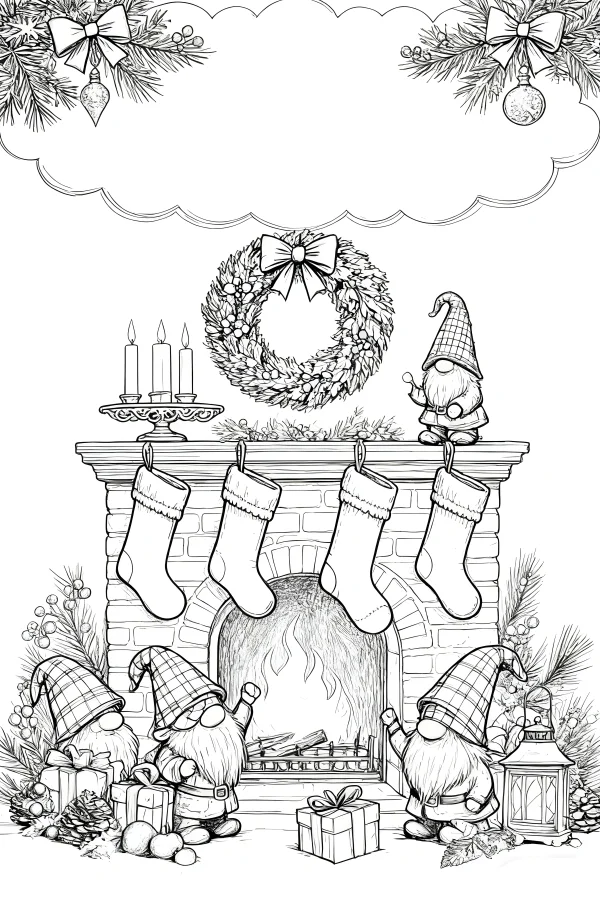 Christmas gnomes with fireplace and christmas decorations, cartoon fairy tale style — free printable family coloring book page