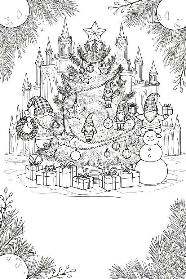 Christmas tree with christmas gnomes, snowman — free printable christmas coloring book page