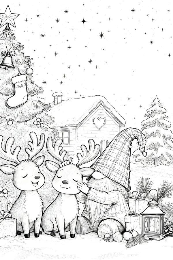 Plaid hat gnome with two cute reindeer, christmas winter theme — free printable winter coloring book page