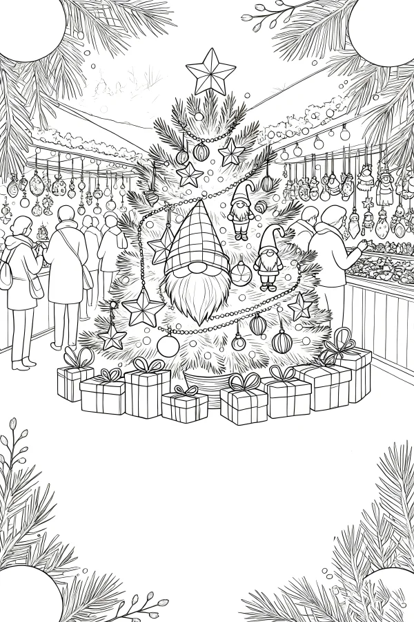 Elaborately decorated christmas tree with gift boxes at its base, set in a bustling christmas market with shopping people and festive stalls — free printable shopping coloring book page