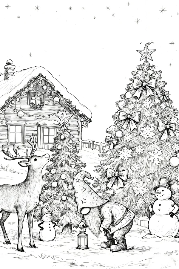 Christmas winter village scene with gnome, reindeer — free printable natural scenery coloring book page