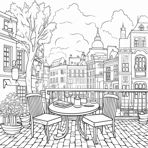 Urban terrace leisure scene with round table and chairs, realistic line art style — free printable travel coloring book page