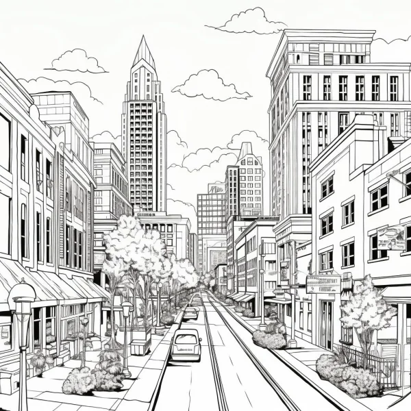 Coloring book page, urban street landscape with city buildings and skyscrapers — free printable life coloring book page