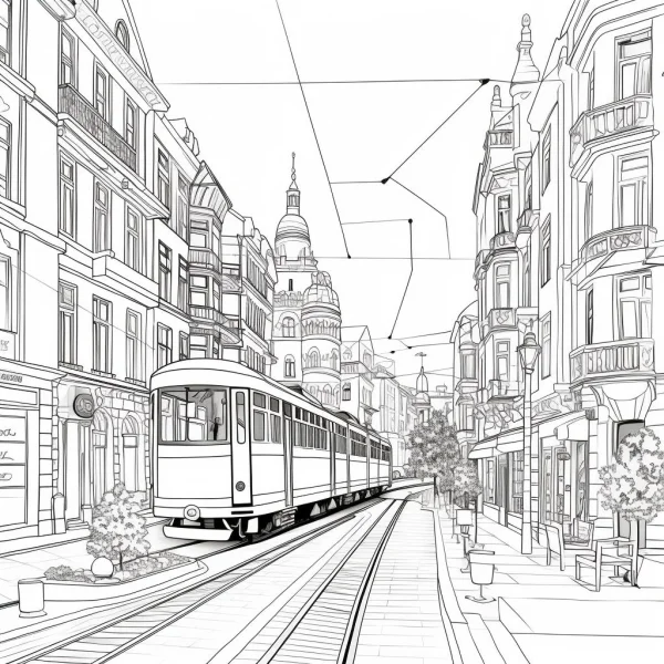 Coloring book page, european city street with vintage tram — free printable travel coloring book page