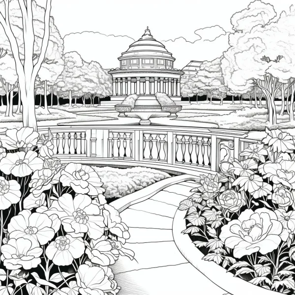 Garden landscape with dome building and blooming flowers, realistic sketch line art style — free printable flowers coloring book page