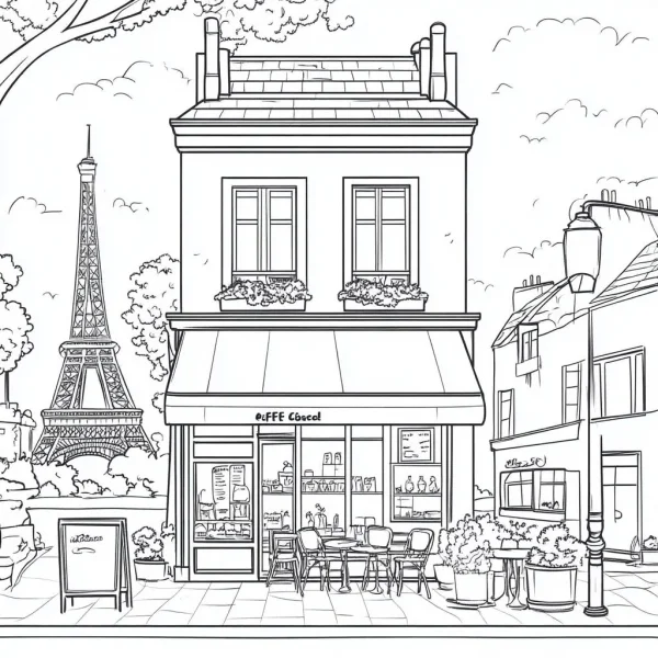 Coloring book page, paris street cafe with eiffel tower in the background — free printable life coloring book page